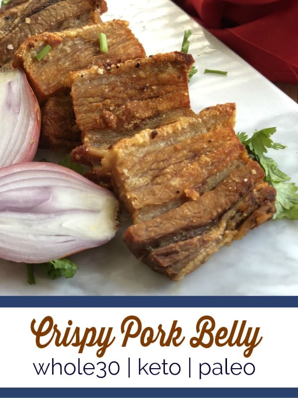 This crispy pork belly is oven baked and then pan seared in ghee to make a delicious protein to go with salad or dipped in your favorite sauce. #whole30 #paleo #keto #lowcarb
