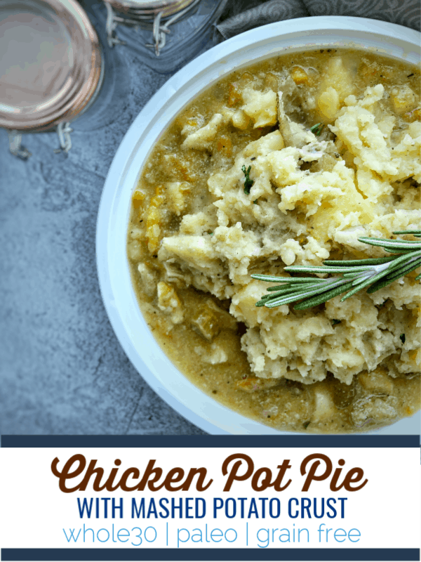 This chicken pot pie is hearty, warming, full of holiday flavor and is topped with a mashed potato "crust". #paleo #keto #glutenfree #grainfree
