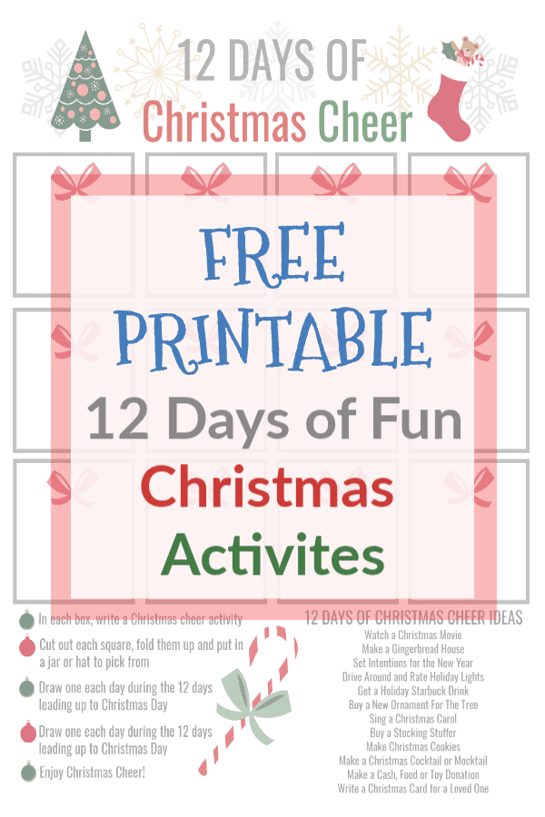 Add some Christmas cheer back into your life by using this 12 days of Christmas cheer free printable in the 12 days leading up to Christmas! #christmas #free #printable