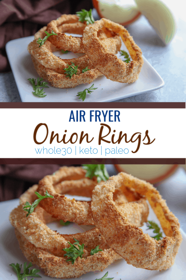 These air fryer onion rings are a crispy way to eat onion rings with no breadcrumbs. Made with almond flour, flax seed and seasonings, they are a great addition to whole30 low carb or keto ways of eating. 