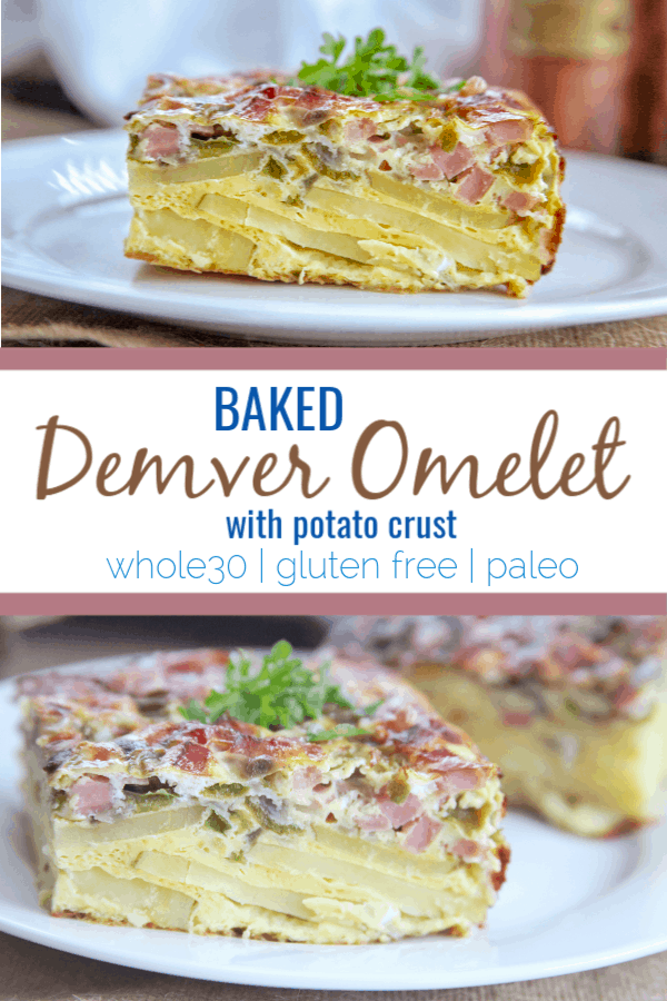 This baked Denver omelet contains all the classic Denver omelet ingredients like bell pepper, onion and ham. It's oven baked with a golden potato crust on the bottom for a healthy meal for any time. #whole30 #glutenfree #paleo