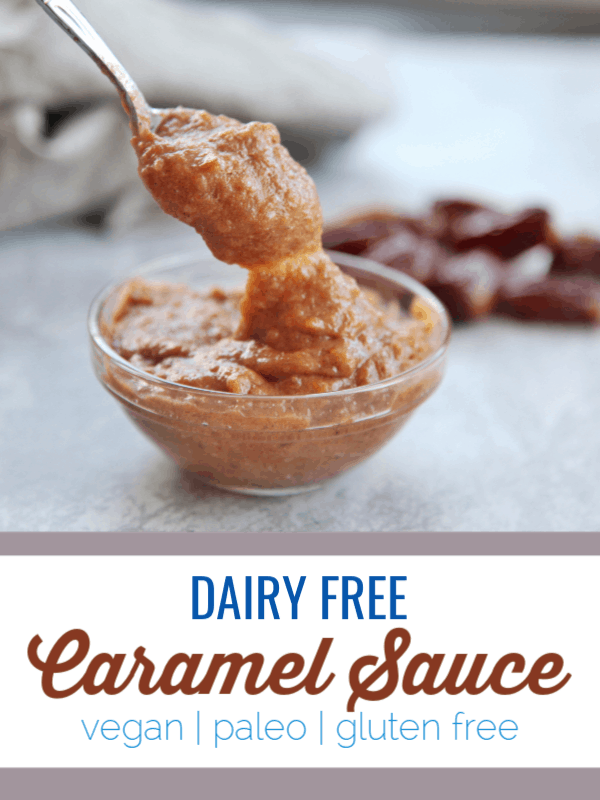 This dairy free caramel sauce is perfect for making healthy desserts and treats. It uses clean ingredients like dates, coconut milk and vanilla extract.