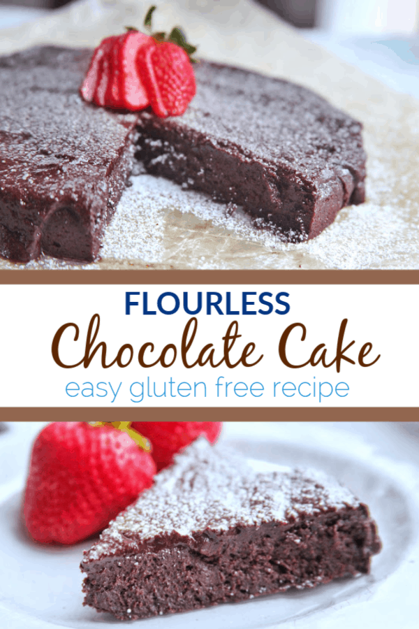 This flourless chocolate cake has simple ingredients and is easy to put together. Naturally gluten free, this cake is dense, fudgy and a hit for parties. #glutenfree #dessert #cake