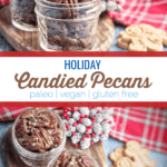 These spiced candied pecans are a perfect way to snack through the holidays. These pecans can be packaged up in mason jars to make a perfect gift for friends and family.  #paleo #vegan #glutenfree #dairyfree