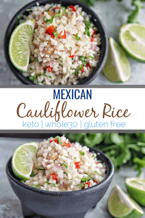 This mexican cauliflower rice uses simple ingredients and is cooked in a skillet for an easy side dish. Cauliflower rice is a great low carb, keto or whole30 alternative to white or brown rice. #whole30 #paleo #keto #lowcarb #sidedish #rice