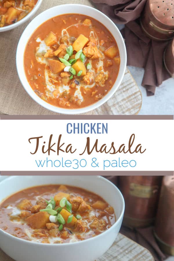 This Chicken Tikka Masala is a spicy warm tomato curry that everyone will love. Made with chicken, tomato sauce, vegetables and some indian spices it is perfect for paleo and whole30 ways of eating. 