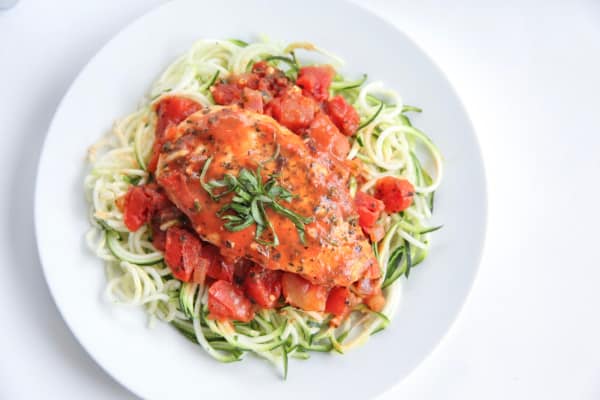 This tomato basil chicken makes a perfect easy pan marinara sauce that anyone can accomplish.  Using canned crushed tomatoes, basil, garlic, onion it is low carb, paleo, gluten free and whole30 compliant. 