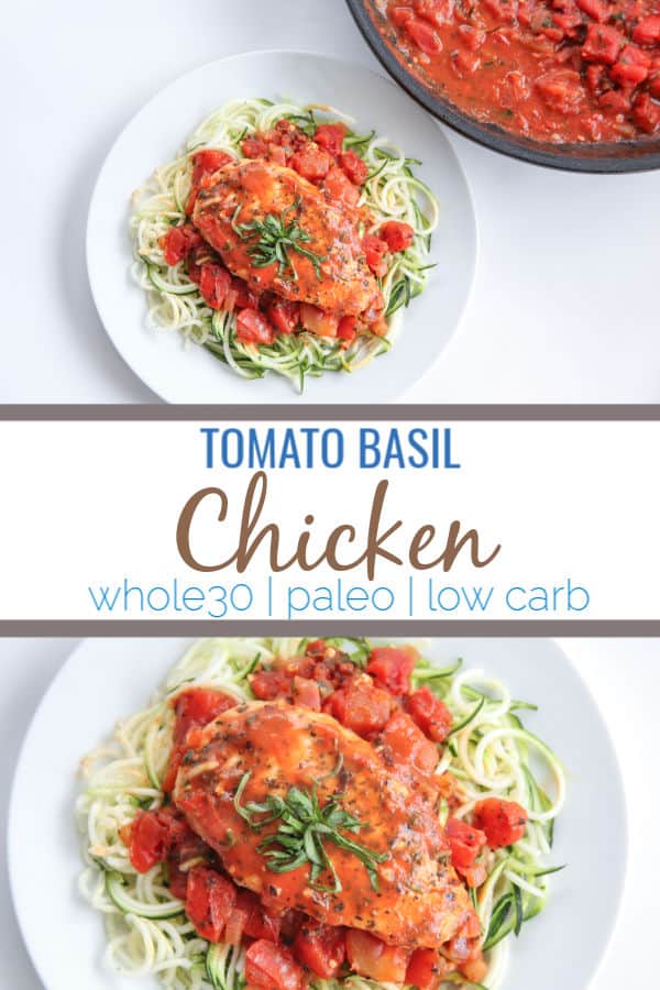 This tomato basil chicken makes a perfect easy pan marinara sauce that anyone can accomplish.  Using canned crushed tomatoes, basil, garlic, onion it is low carb, paleo, gluten free and whole30 compliant. 