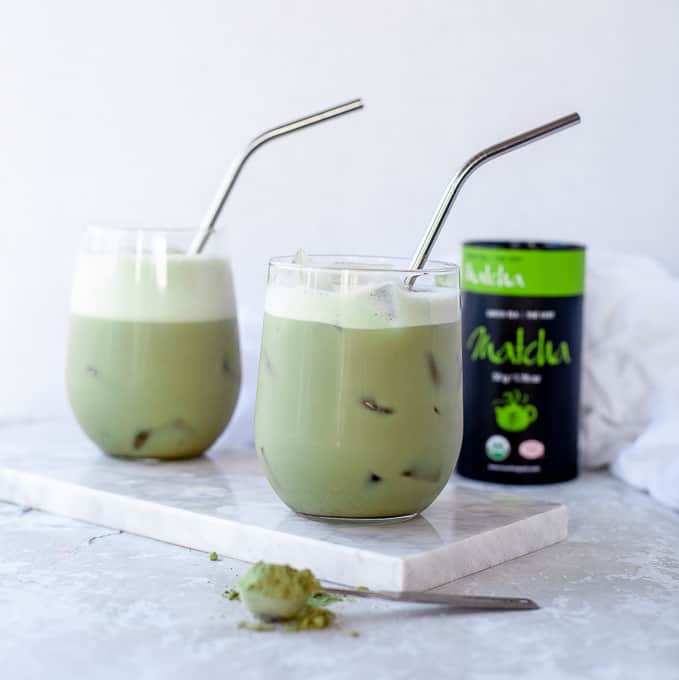 This iced matcha latte recipe is a simple way to get the health benefits of green tea especially during warmer months. Made with matcha tea, dairy free milk and collagen, it packs a nutritional punch. #keto #whole30