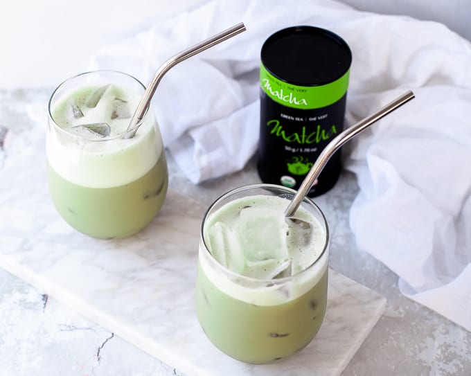 This iced matcha latte recipe is a simple way to get the health benefits of green tea especially during warmer months. Made with matcha tea, dairy free milk and collagen, it packs a nutritional punch. #keto #whole30