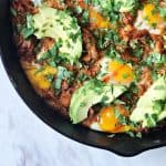 This BBQ chicken & egg skillet uses bbq pulled chicken and an easy sweet potato hash that can be whipped up for breakfast, brunch, lunch or dinner. 