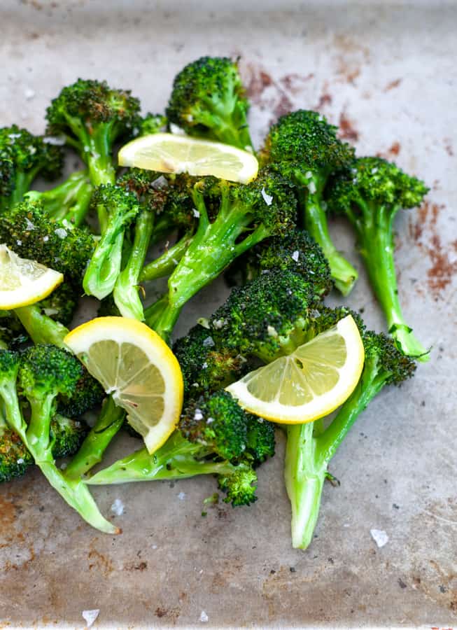 roasted broccoli on sheet pan with lemon