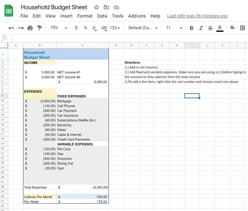 household budget google spreadsheet