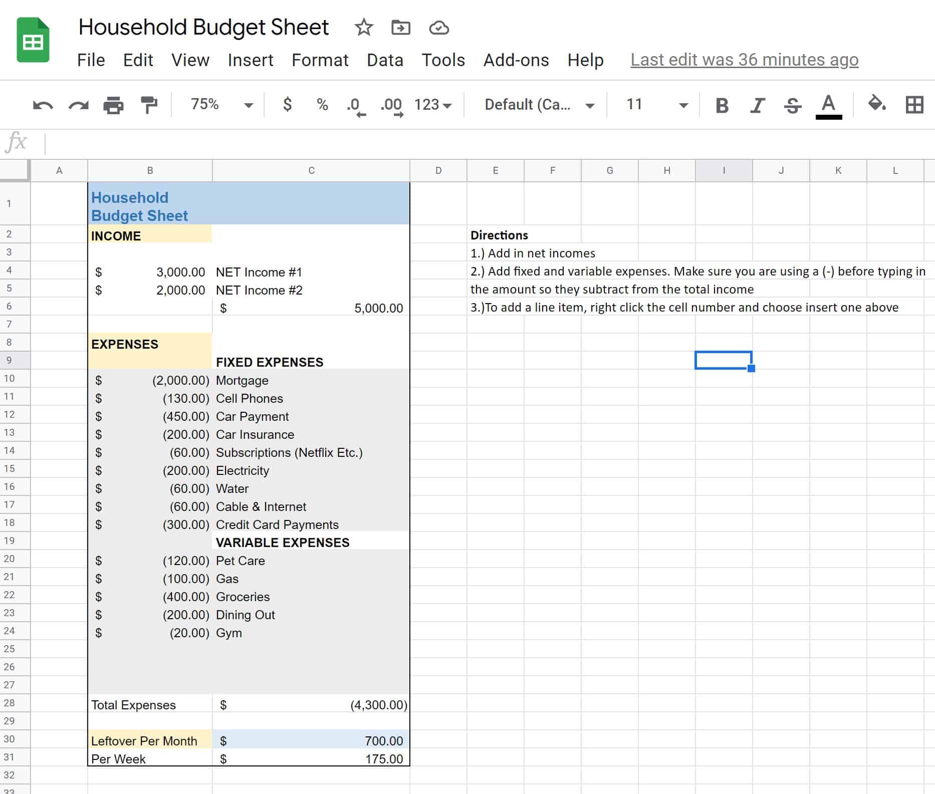 Household Budget Spreadsheet