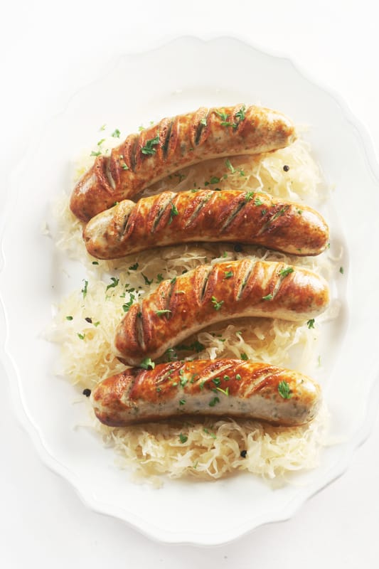 cooked bratwurst with sauerkraut