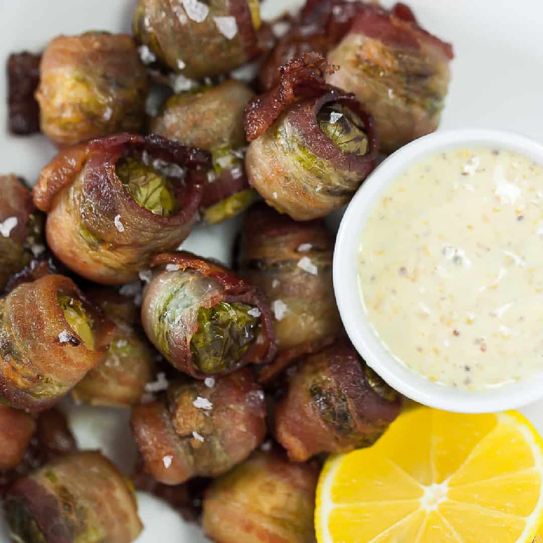 Bacon-Wrapped Brussels Sprouts with Mustard Aioli