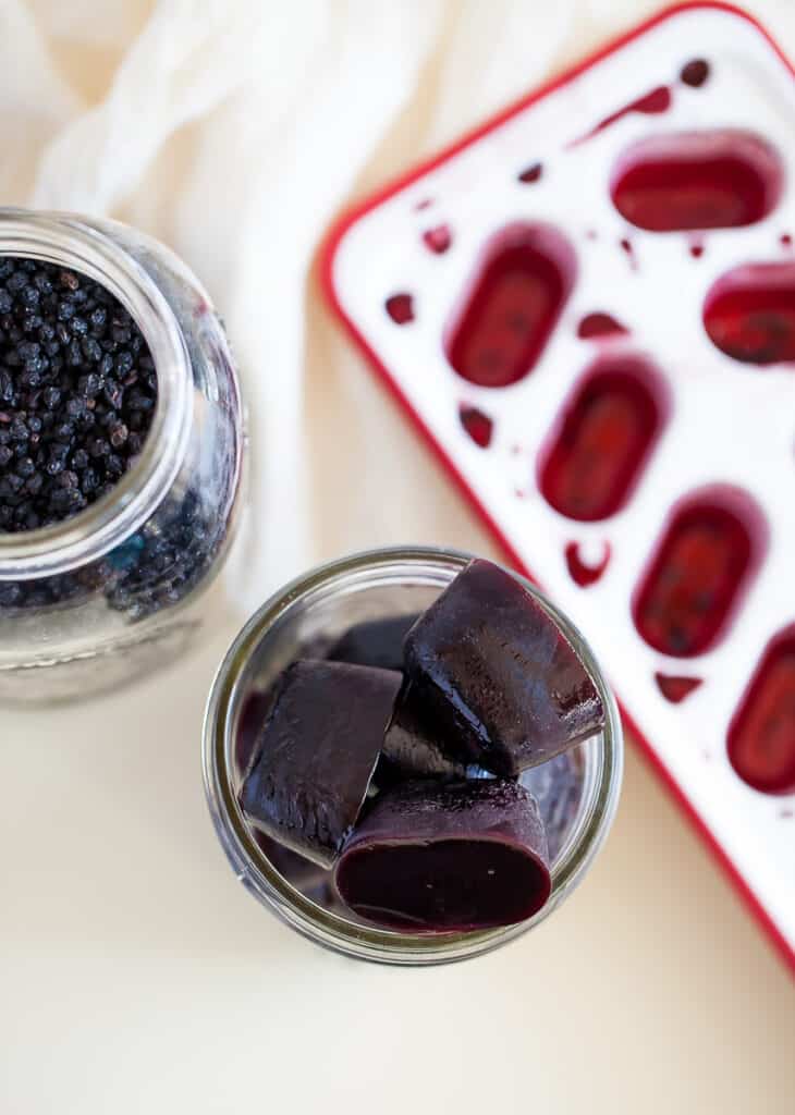 elderberry syrup frozen in ice cube tray