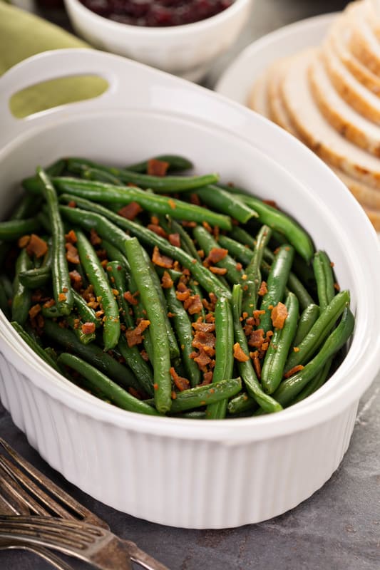 sous vide green beans in a casserole dish