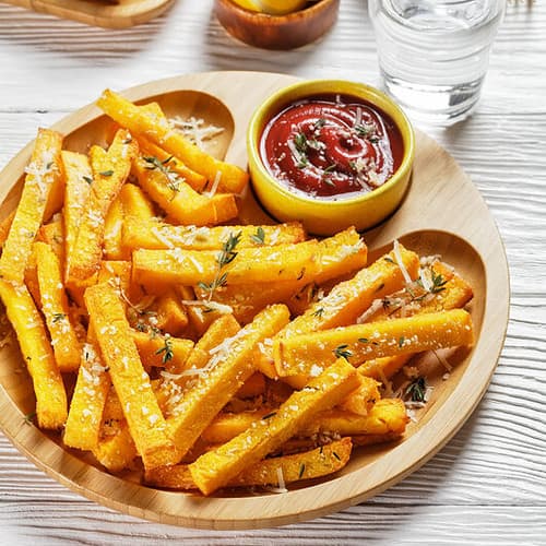 polenta fries on a plate with dipping sauce