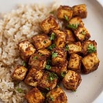 bbq tofu on a plate with rice