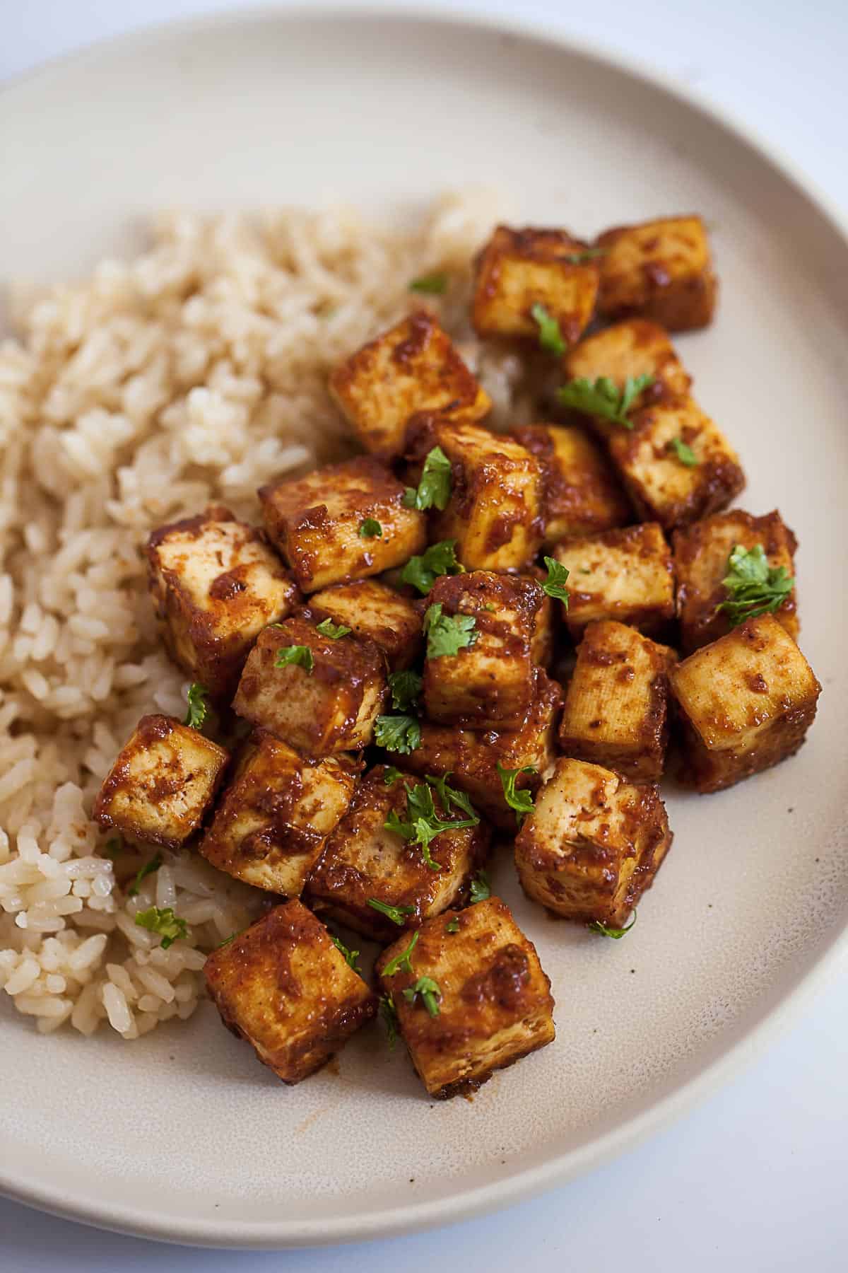 bbq tofu on a plate with rice