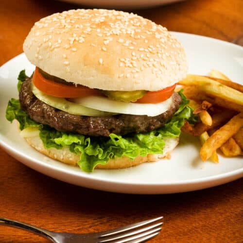 hamburger on a plate with fries