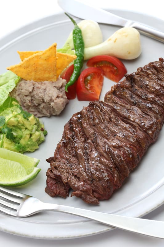 skirt steak on a plate with veggies